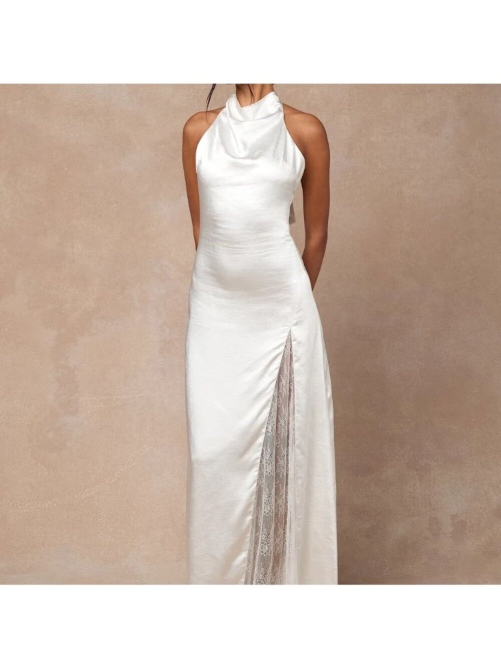 Lulus Concetta Ivory Satin Lace Halter Maxi Dress Bridal Romantic Bodice Medium